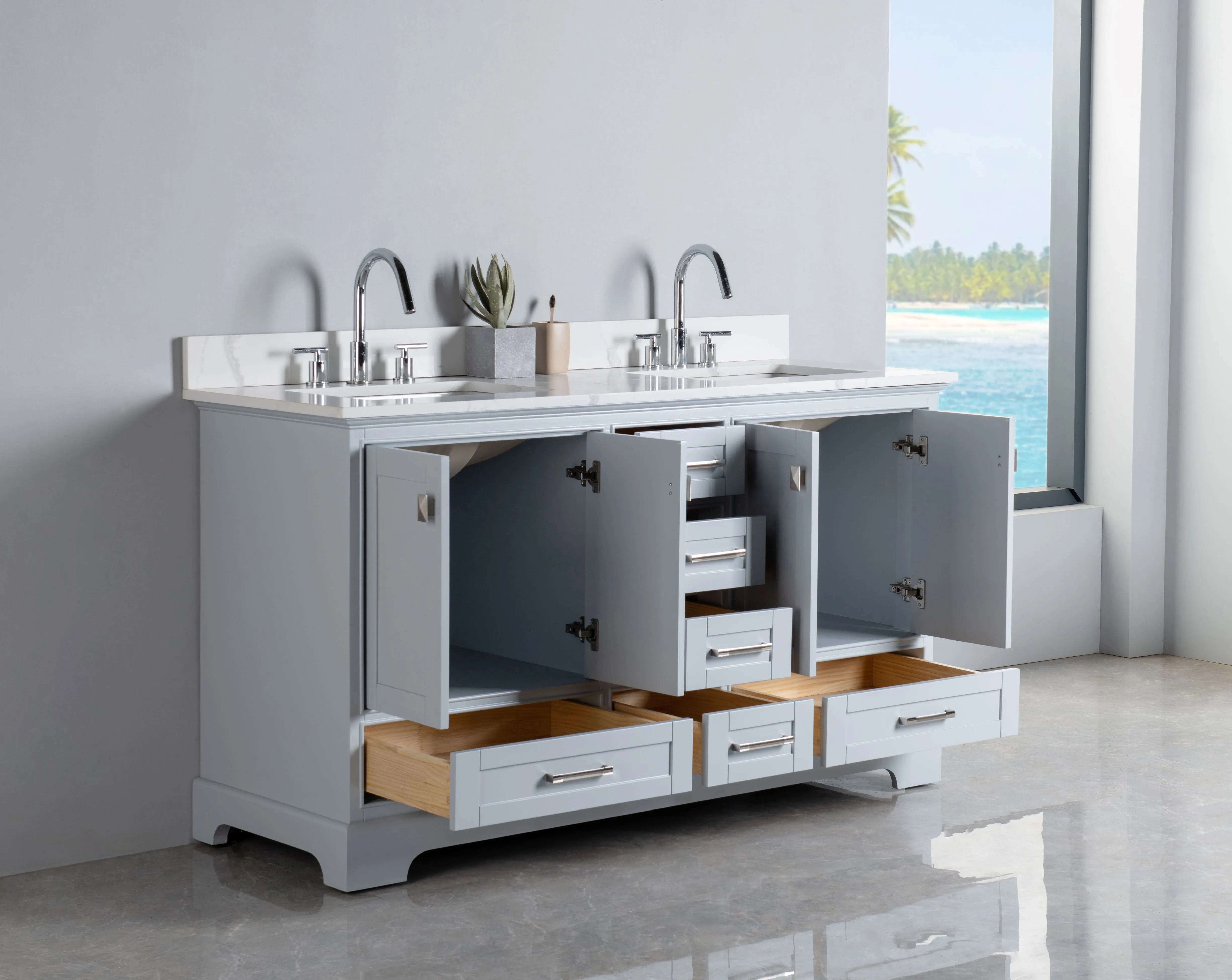 Rubeza 1500mm Charleston Vanity Unit with Calacatta Quartz Top - Light Grey & Chrome