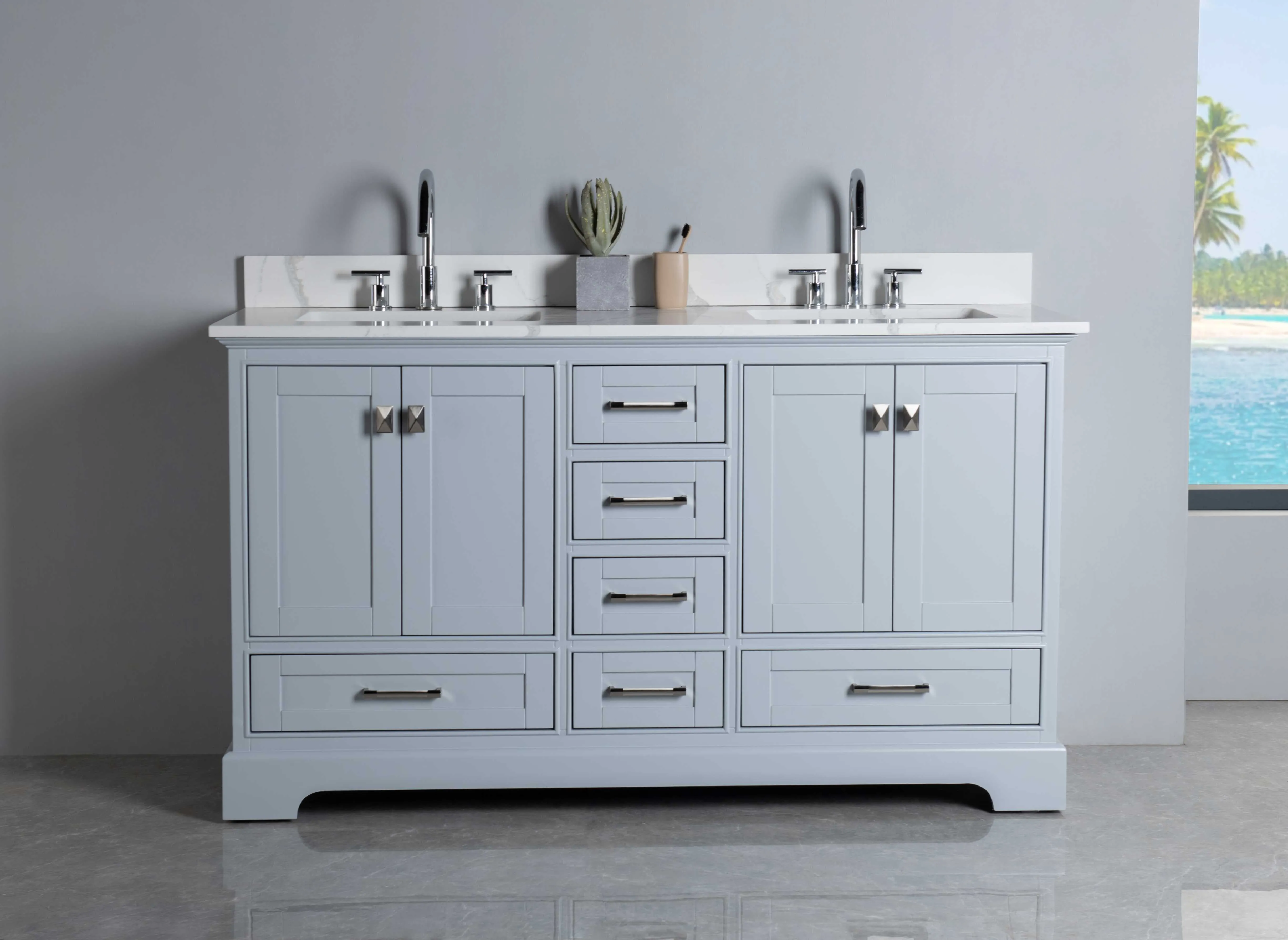 Rubeza 1500mm Charleston Vanity Unit with Calacatta Quartz Top - Light Grey & Chrome