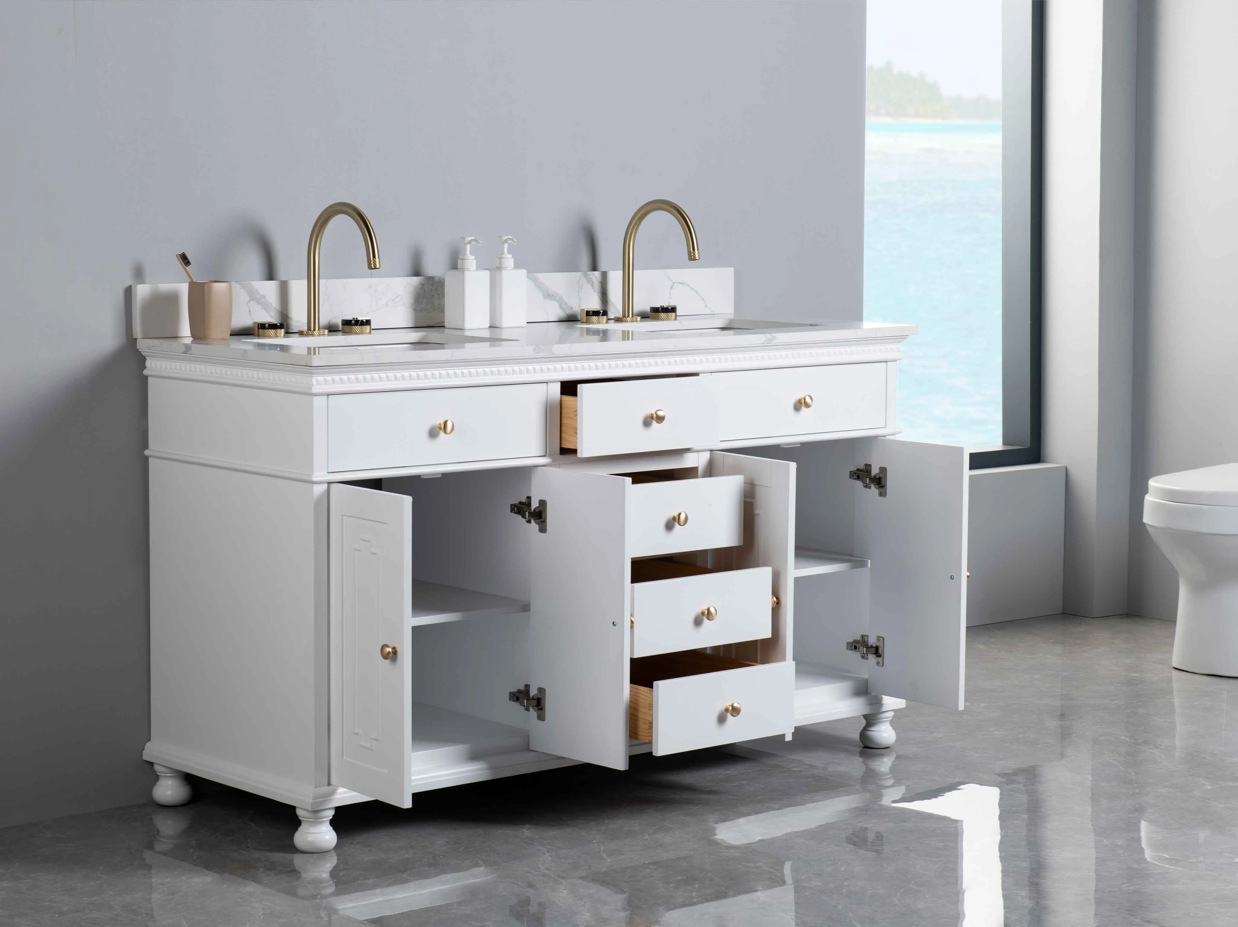 Rubeza 1500mm Didim Vanity Unit with Calacatta Quartz Top - White & Gold