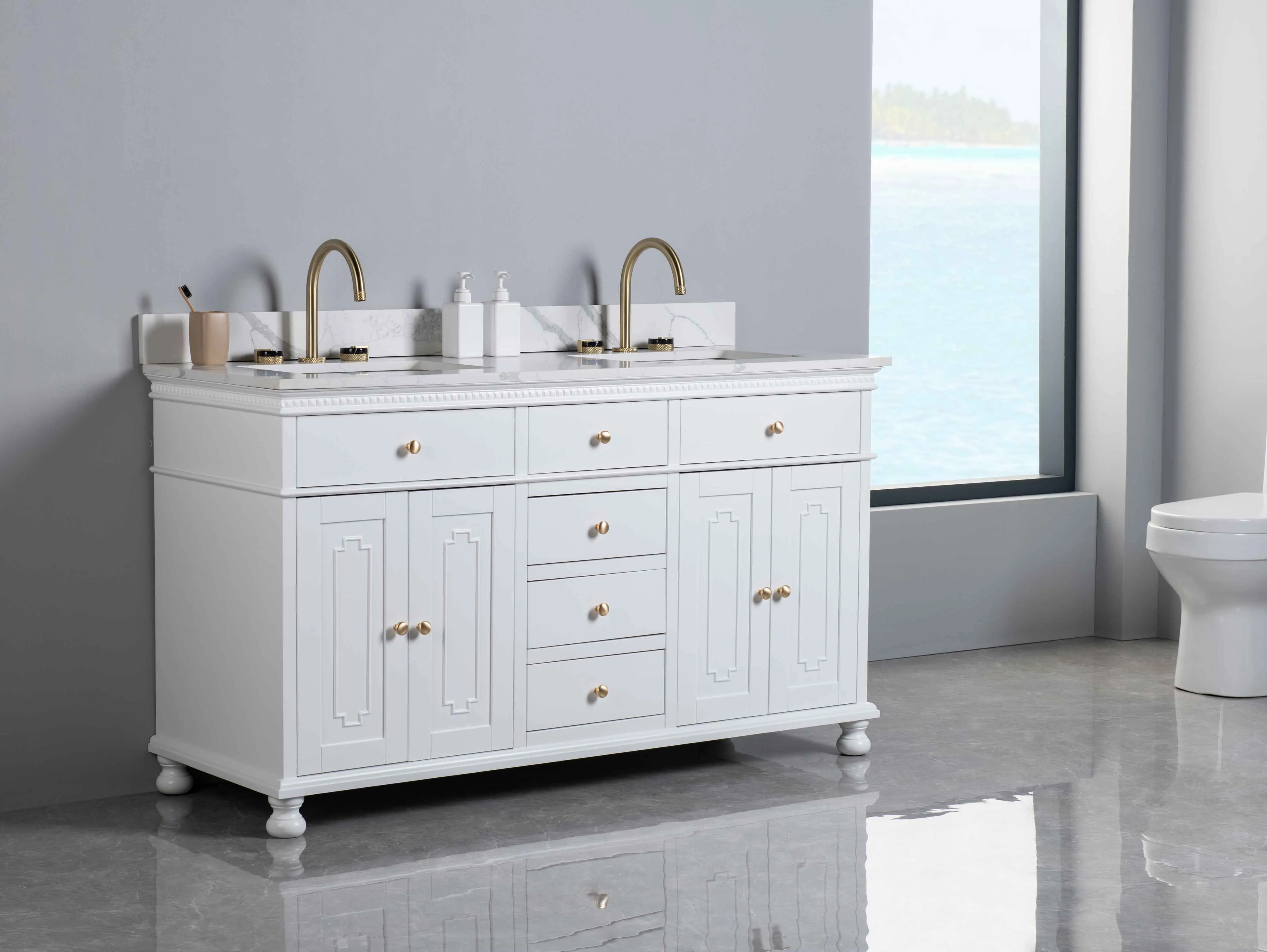 Rubeza 1500mm Didim Vanity Unit with Calacatta Quartz Top - White & Gold