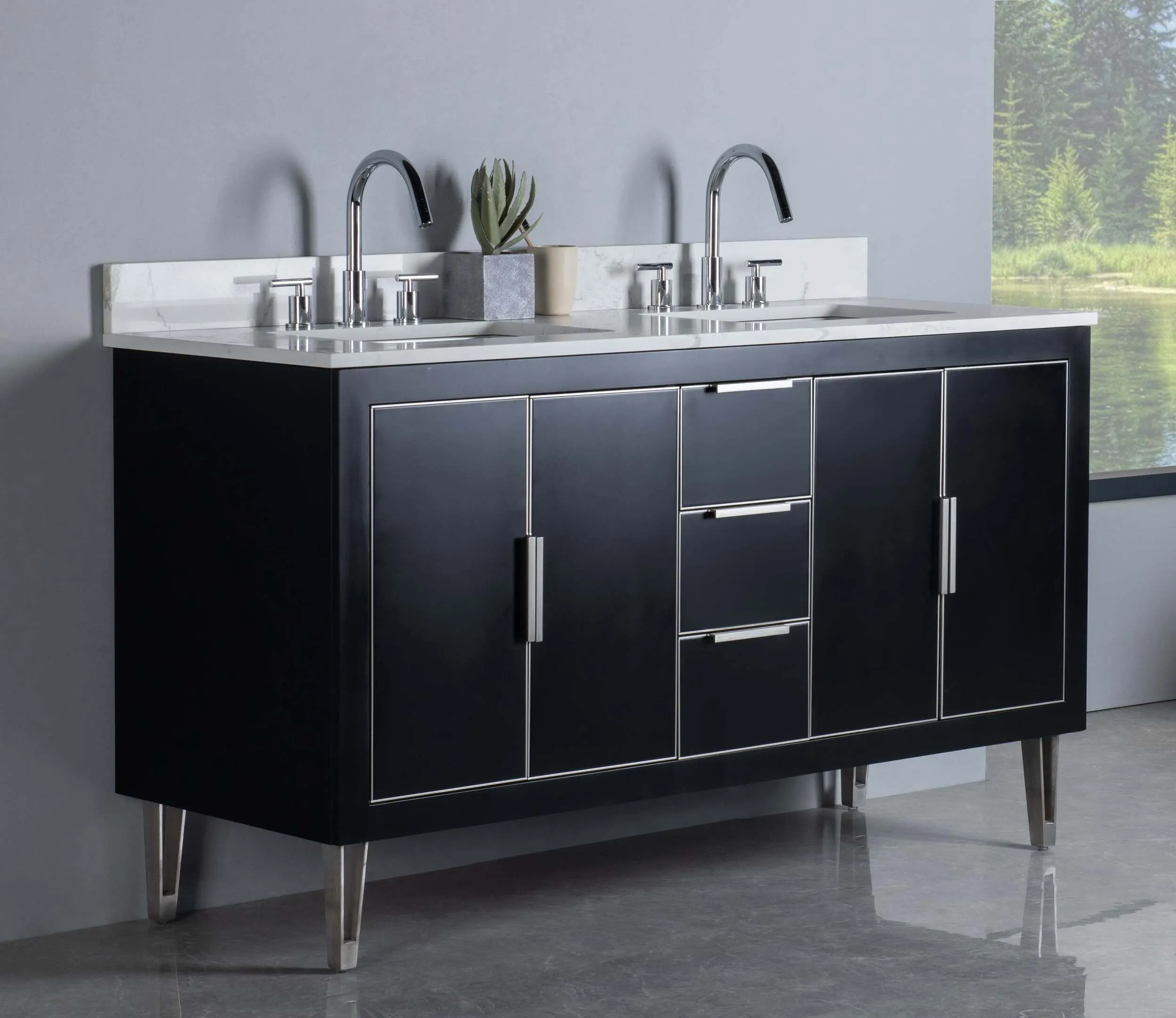 Rubeza 1500mm Dukes Vanity Unit with Calacatta Quartz Top - Black & Chrome