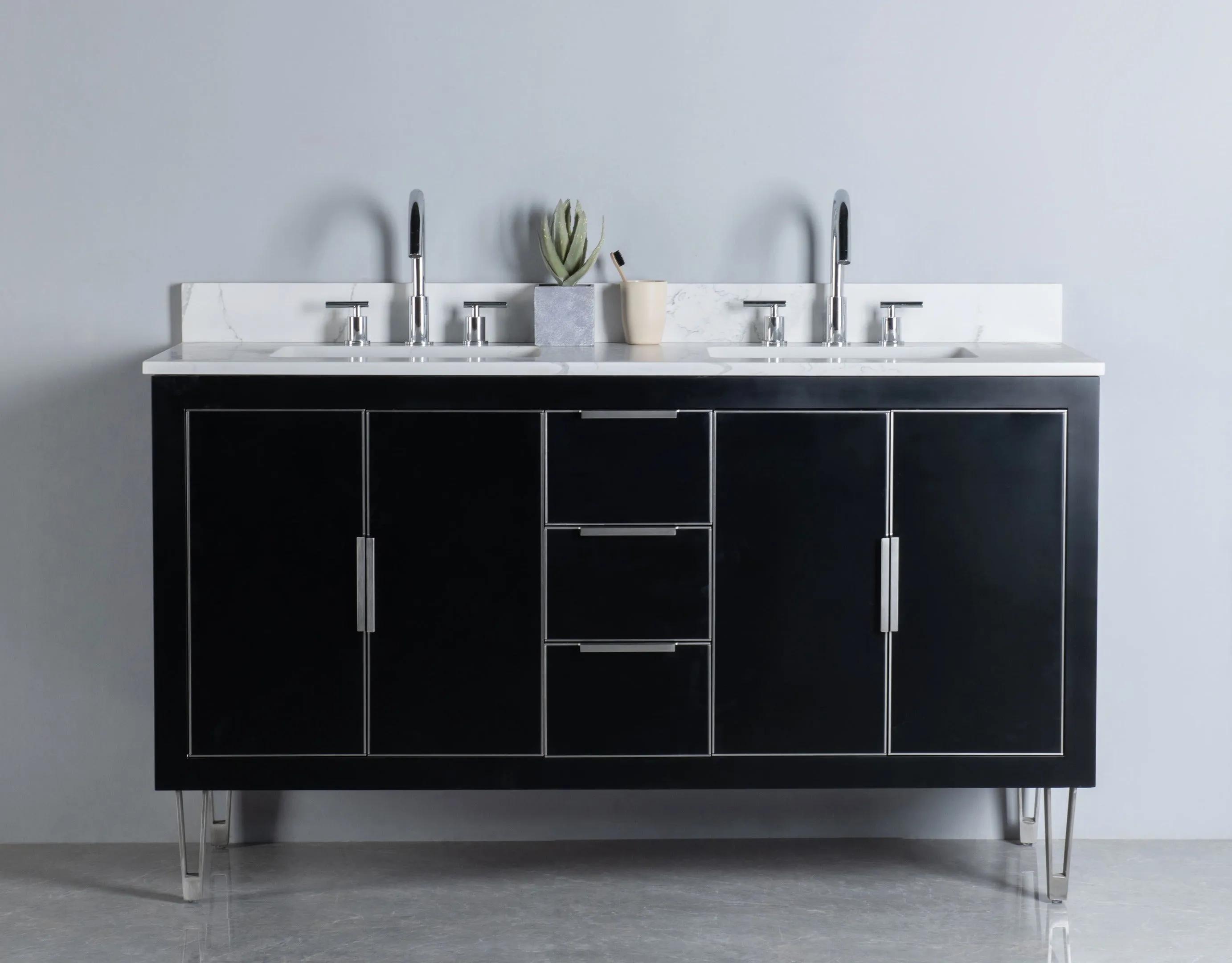 Rubeza 1500mm Dukes Vanity Unit with Calacatta Quartz Top - Black & Chrome