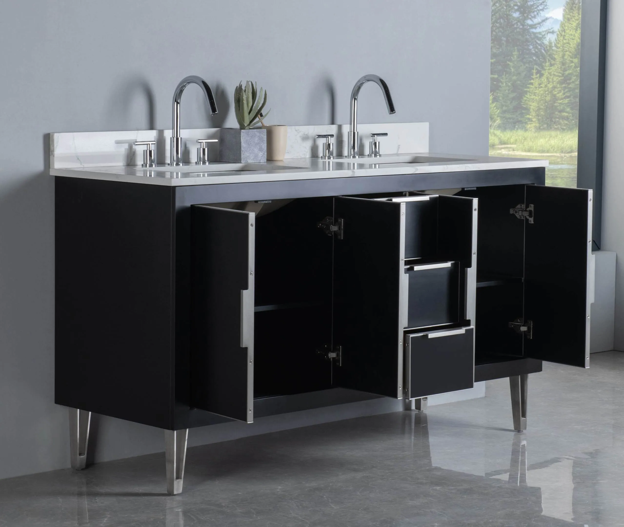 Rubeza 1500mm Dukes Vanity Unit with Calacatta Quartz Top - Black & Chrome