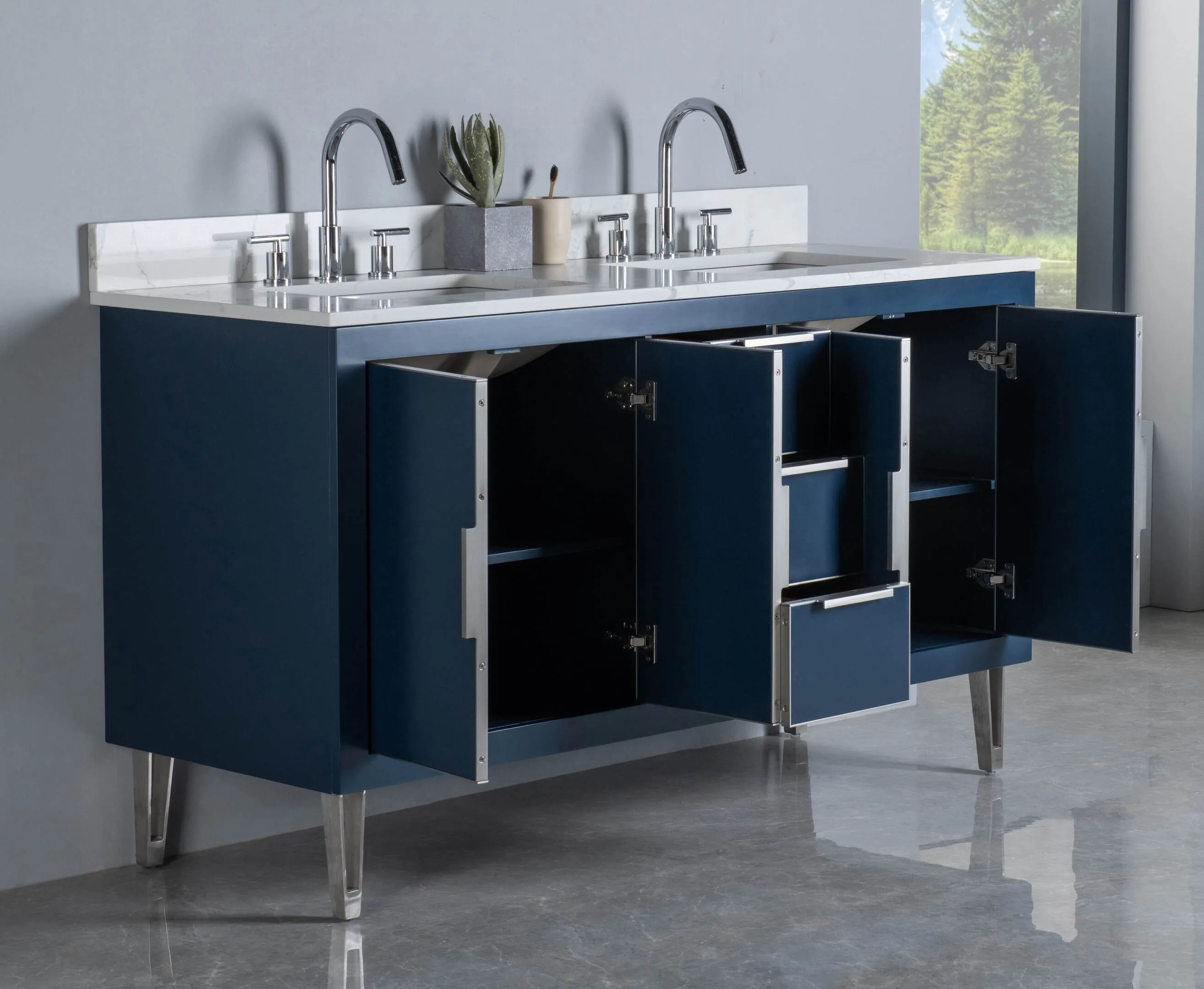 Rubeza 1500mm Dukes Vanity Unit with Calacatta Quartz Top - Dark Blue & Chrome