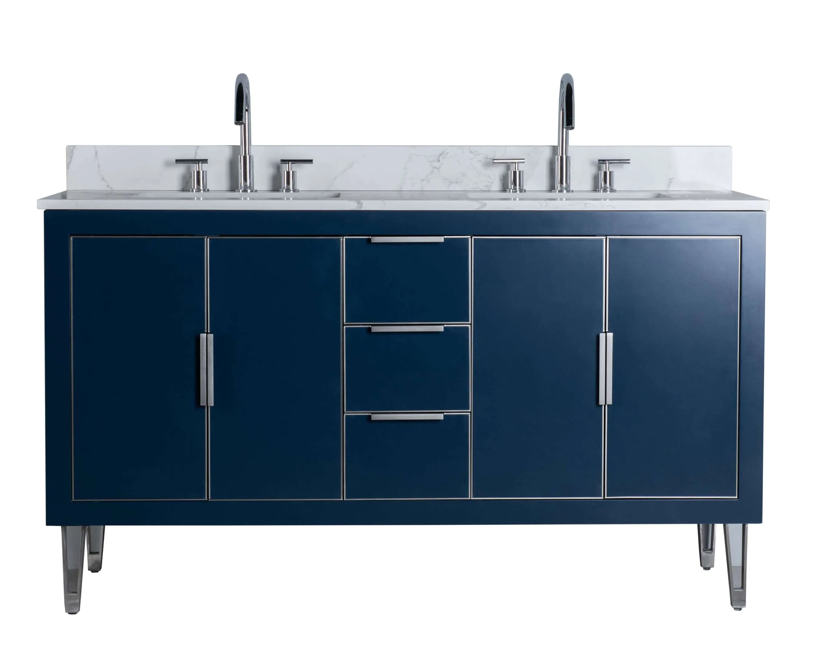 Rubeza 1500mm Dukes Vanity Unit with Calacatta Quartz Top - Dark Blue & Chrome