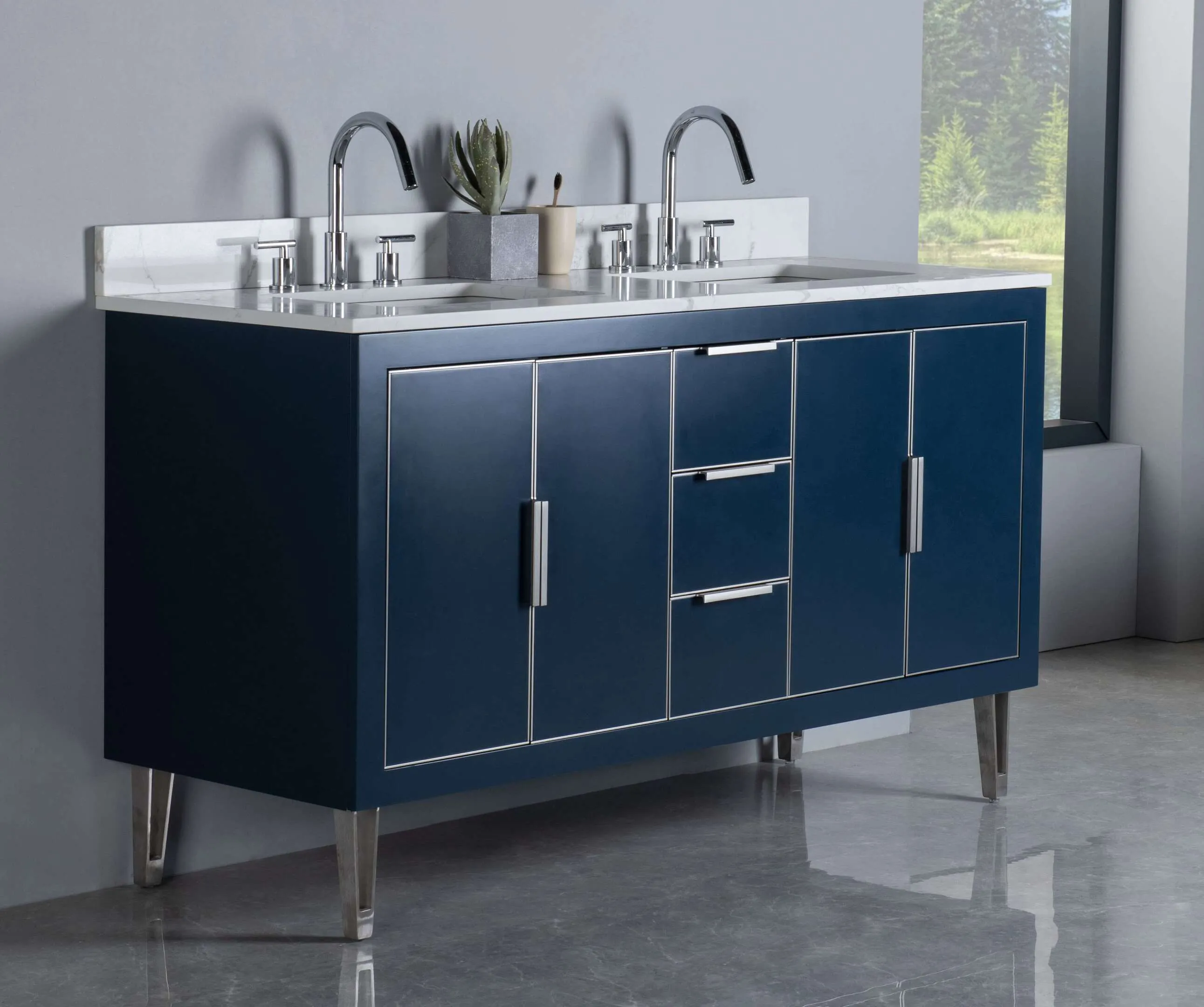 Rubeza 1500mm Dukes Vanity Unit with Calacatta Quartz Top - Dark Blue & Chrome