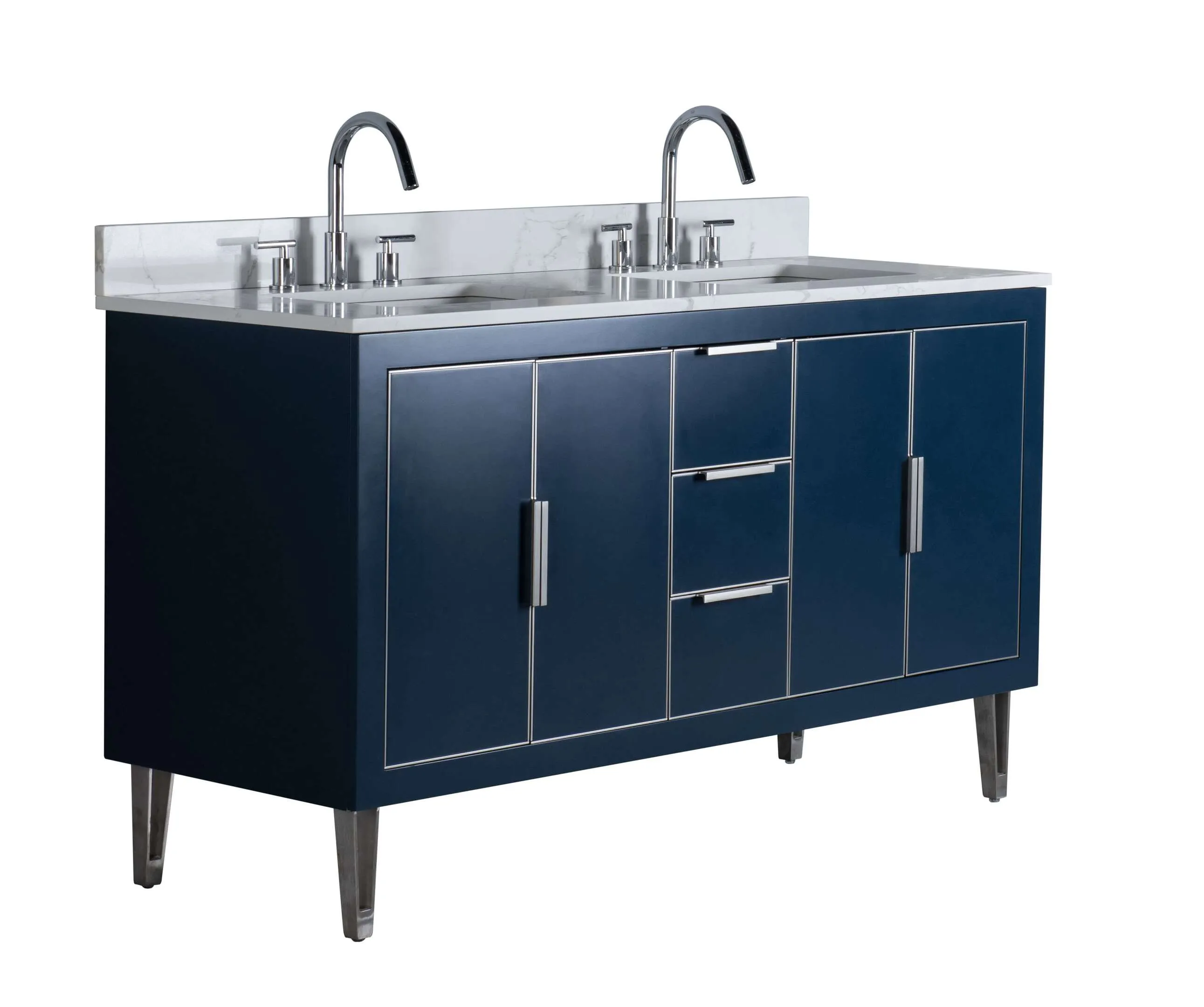 Rubeza 1500mm Dukes Vanity Unit with Calacatta Quartz Top - Dark Blue & Chrome