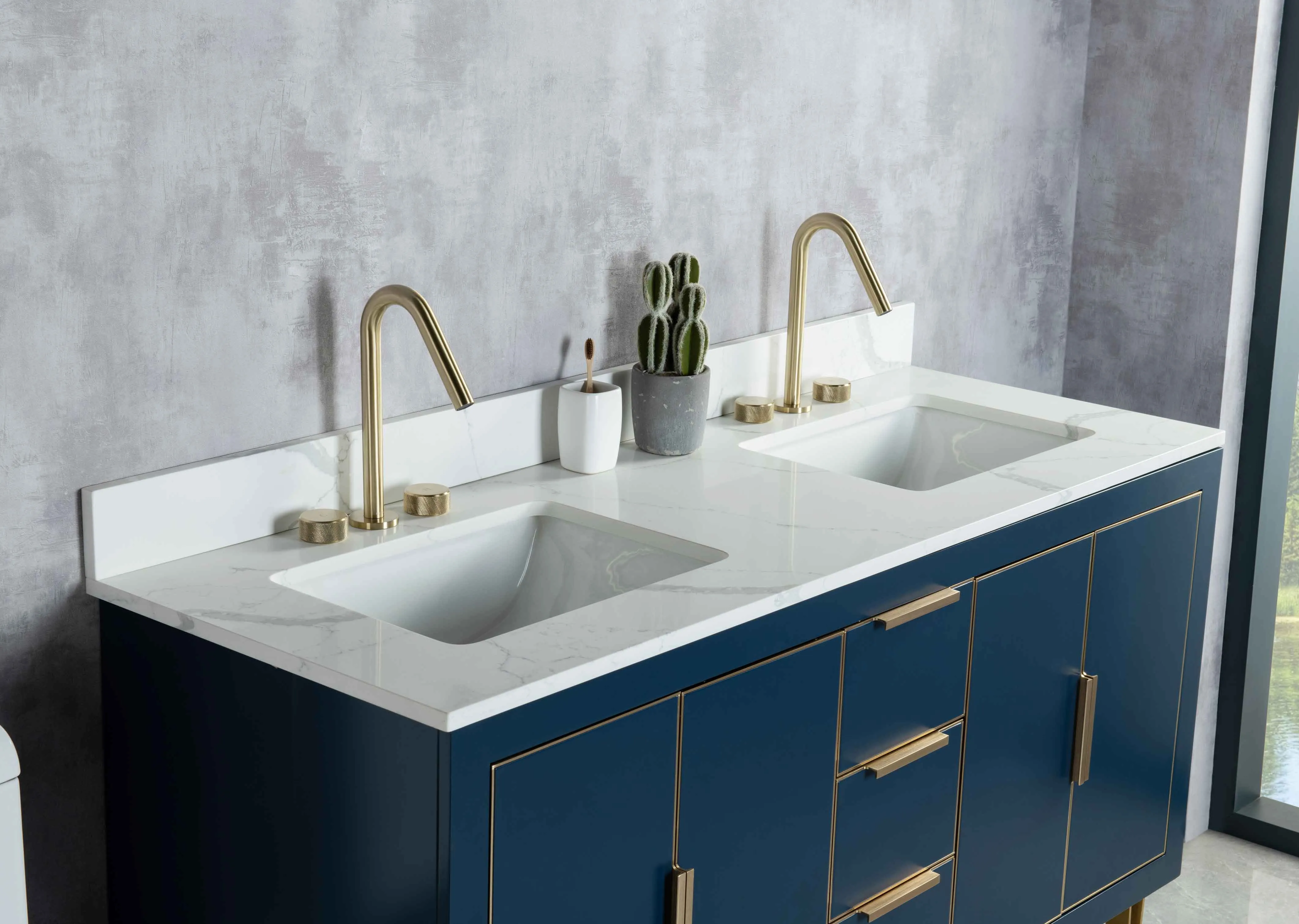 Rubeza 1500mm Dukes Vanity Unit with Calacatta Quartz Top - Dark Blue & Gold