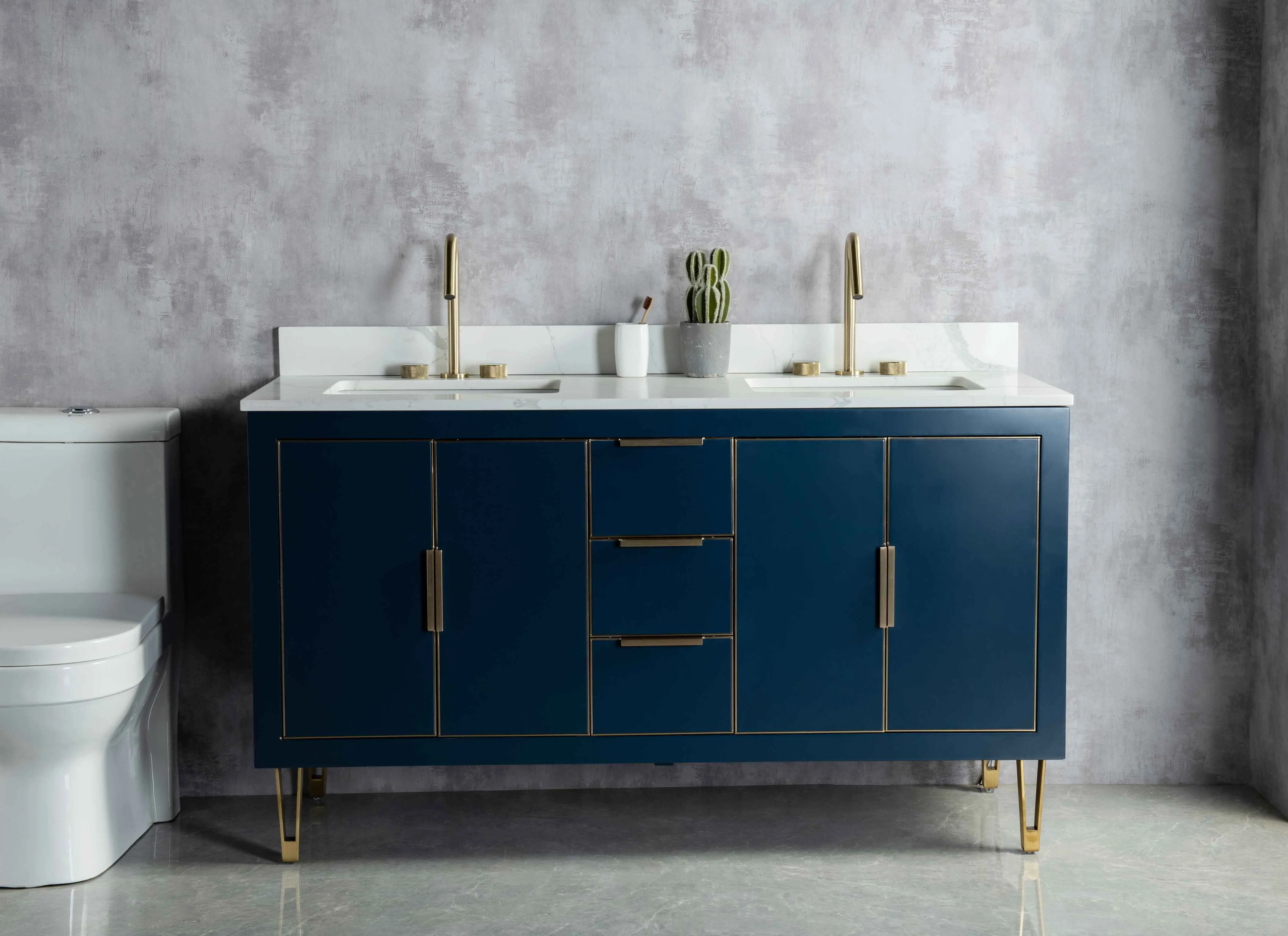 Rubeza 1500mm Dukes Vanity Unit with Calacatta Quartz Top - Dark Blue & Gold