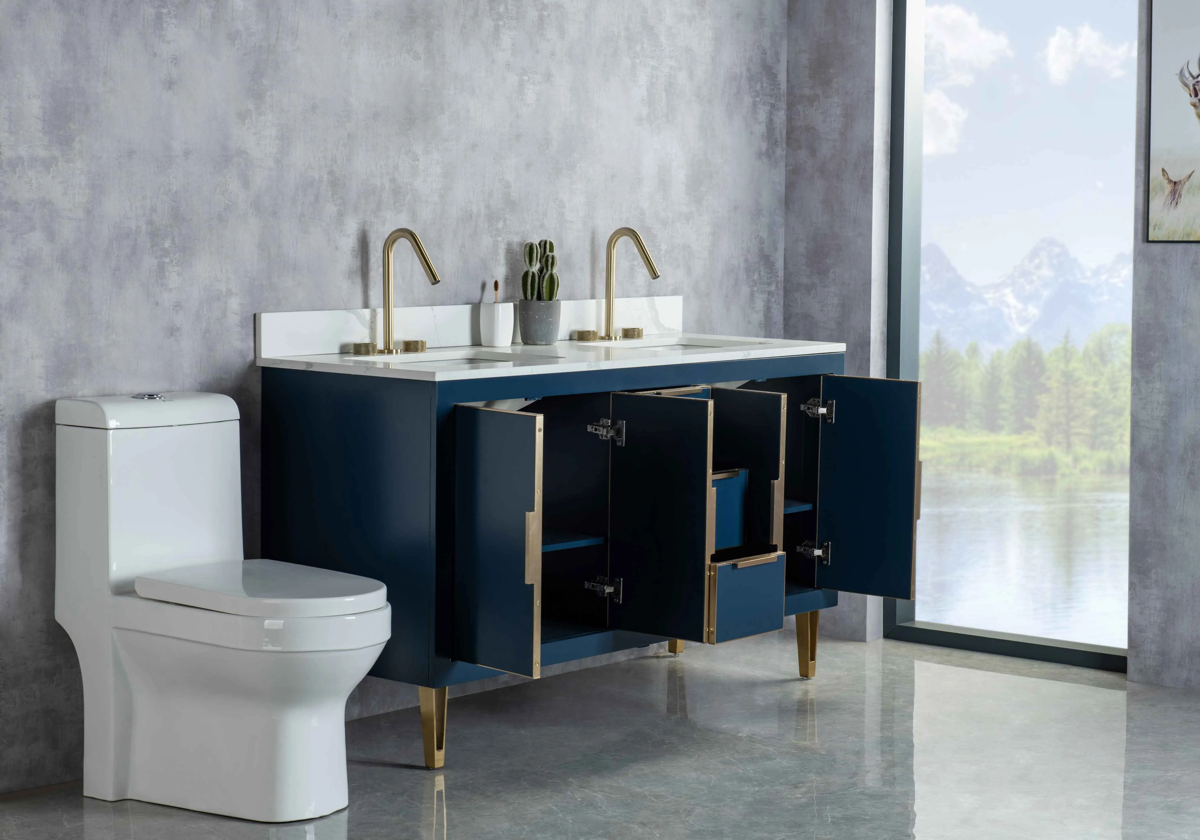 Rubeza 1500mm Dukes Vanity Unit with Calacatta Quartz Top - Dark Blue & Gold