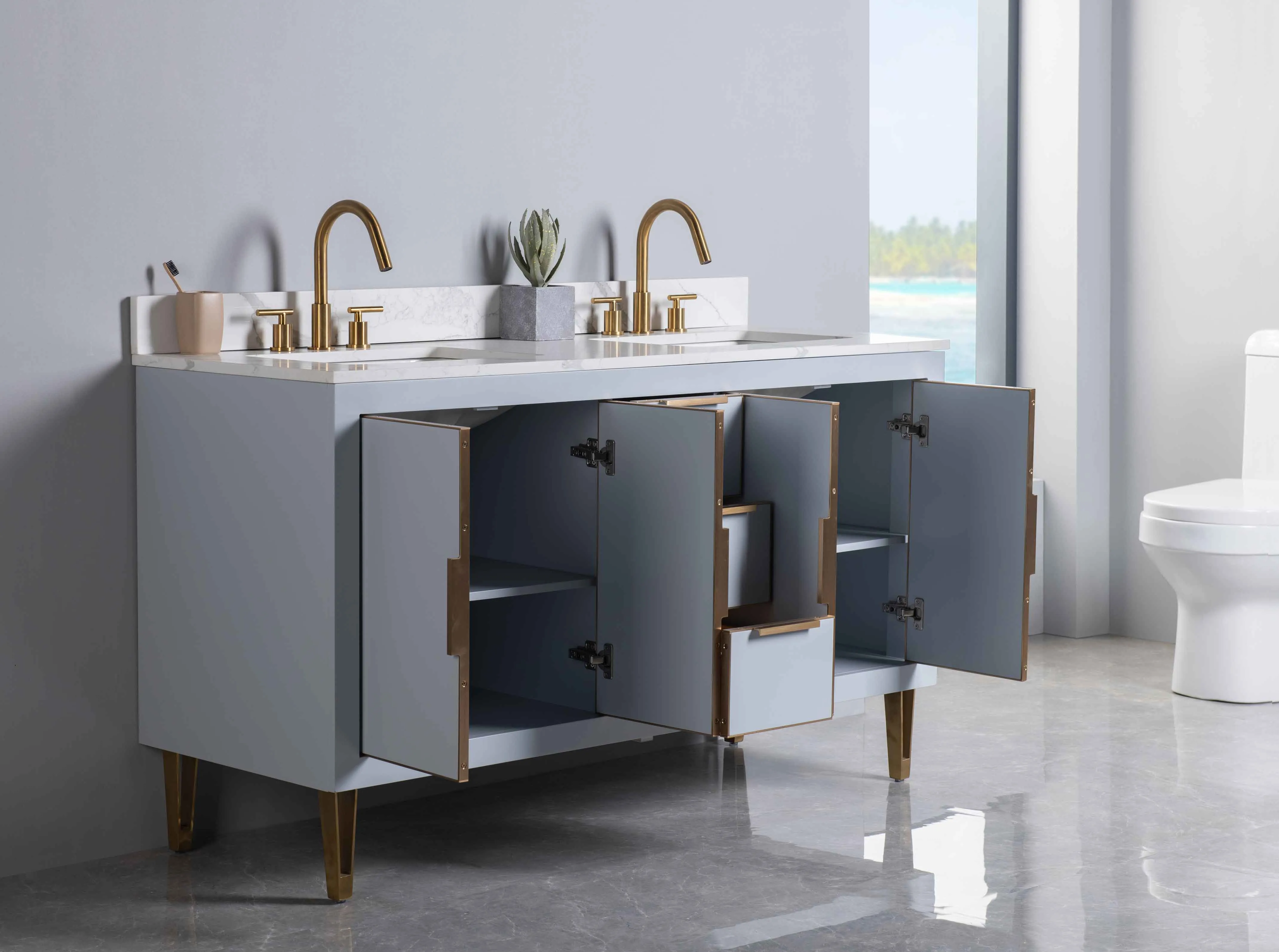 Rubeza 1500mm Dukes Vanity Unit with Calacatta Quartz Top - Light Grey & Gold