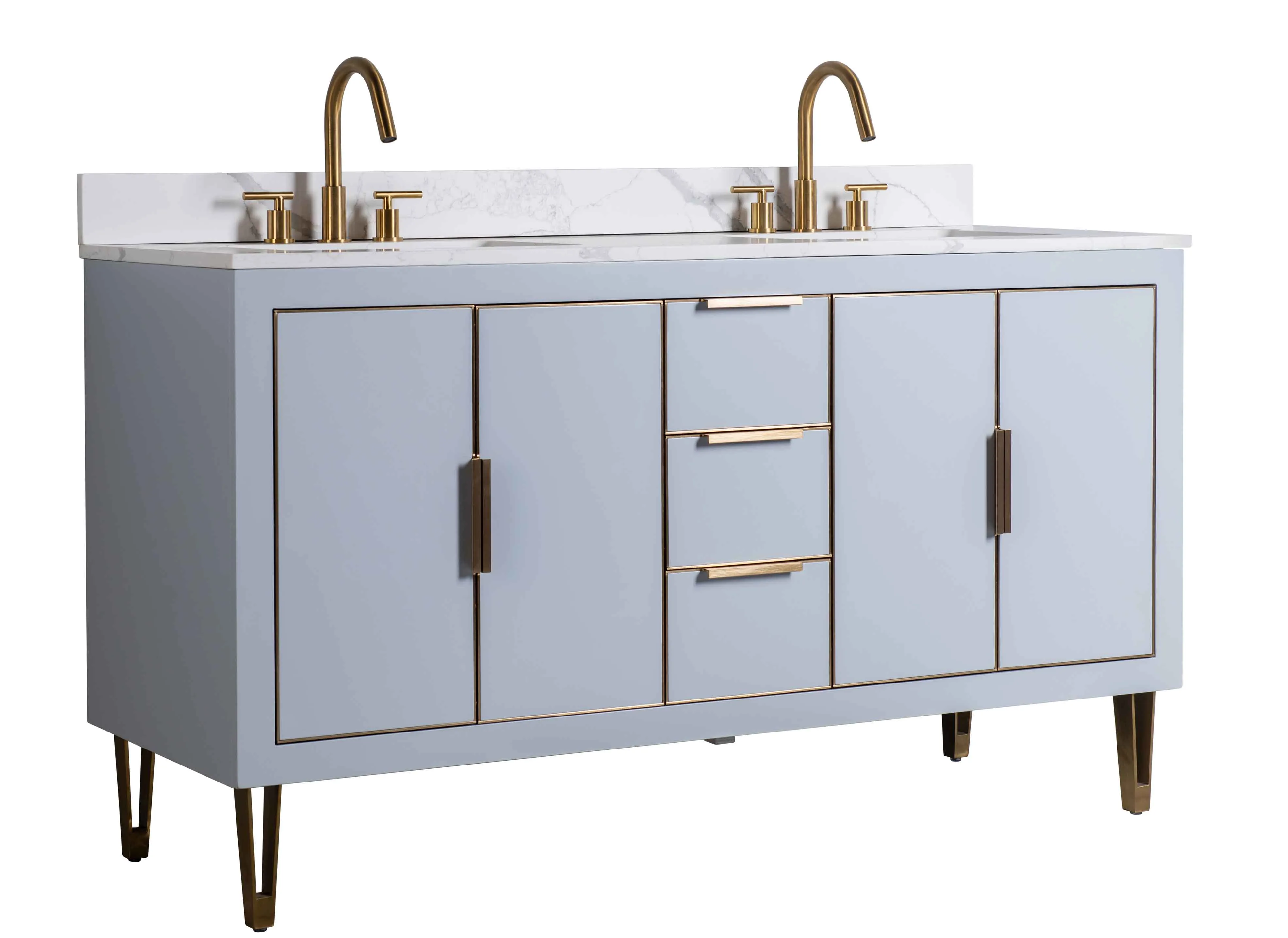 Rubeza 1500mm Dukes Vanity Unit with Calacatta Quartz Top - Light Grey & Gold