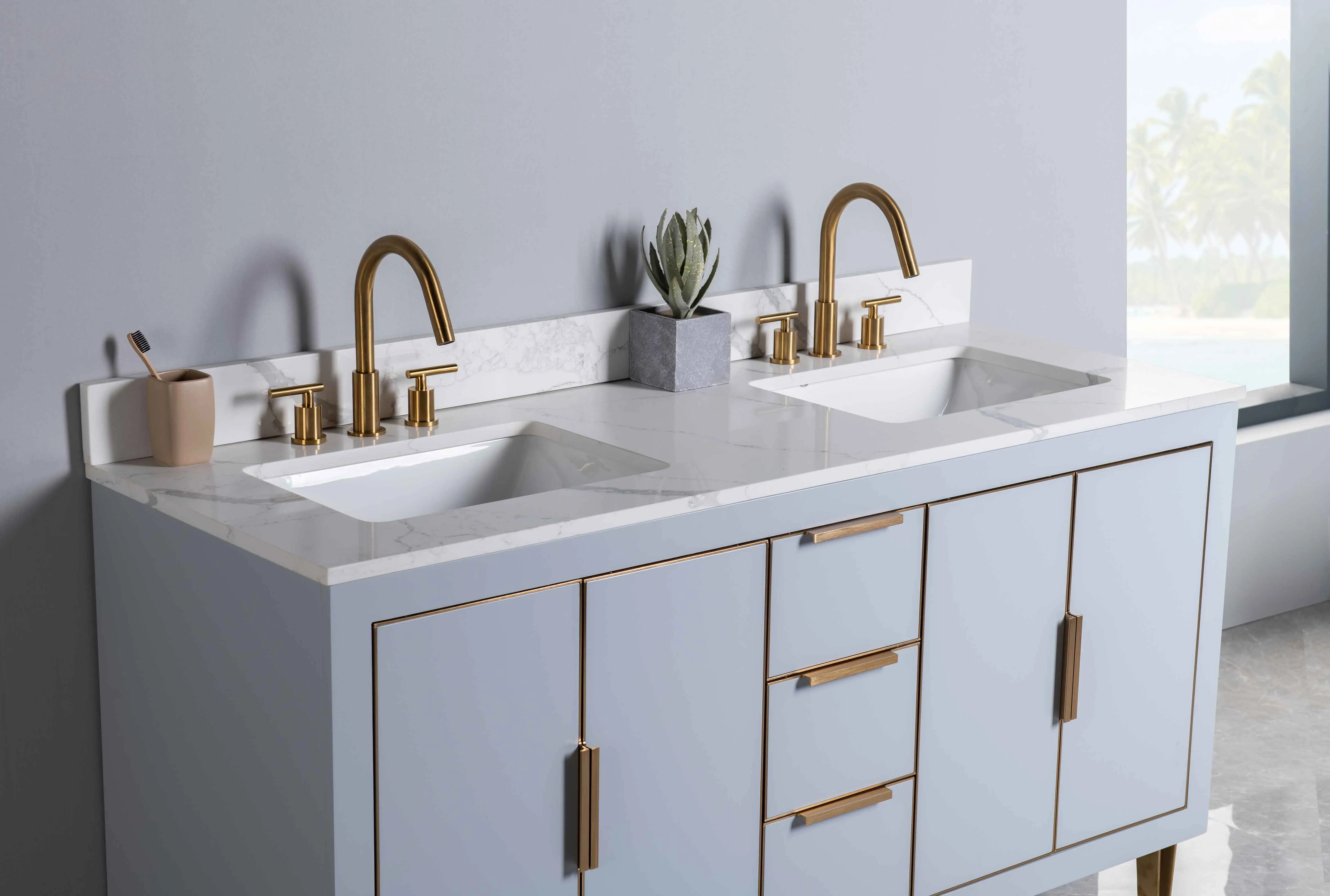 Rubeza 1500mm Dukes Vanity Unit with Calacatta Quartz Top - Light Grey & Gold