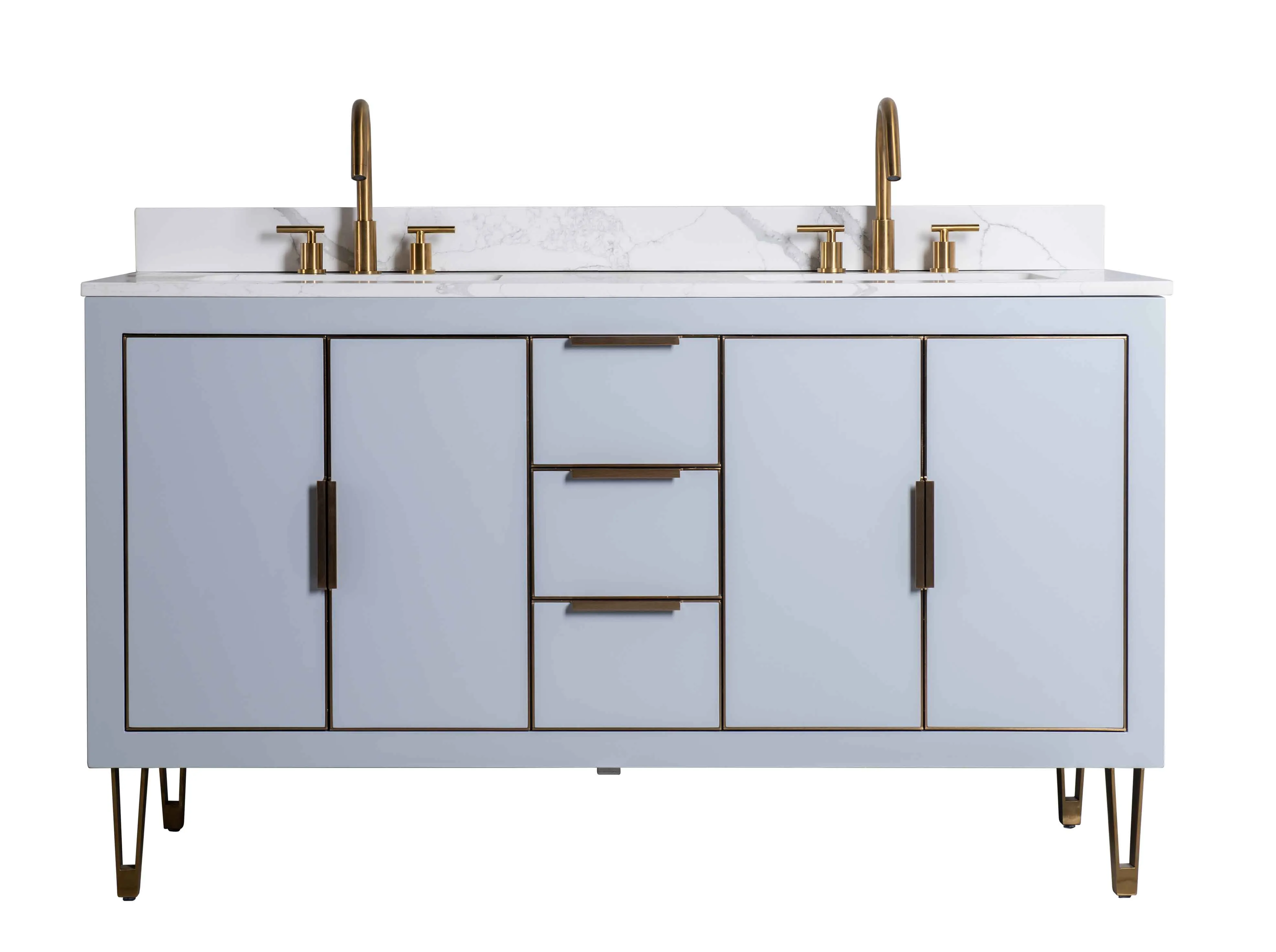 Rubeza 1500mm Dukes Vanity Unit with Calacatta Quartz Top - Light Grey & Gold