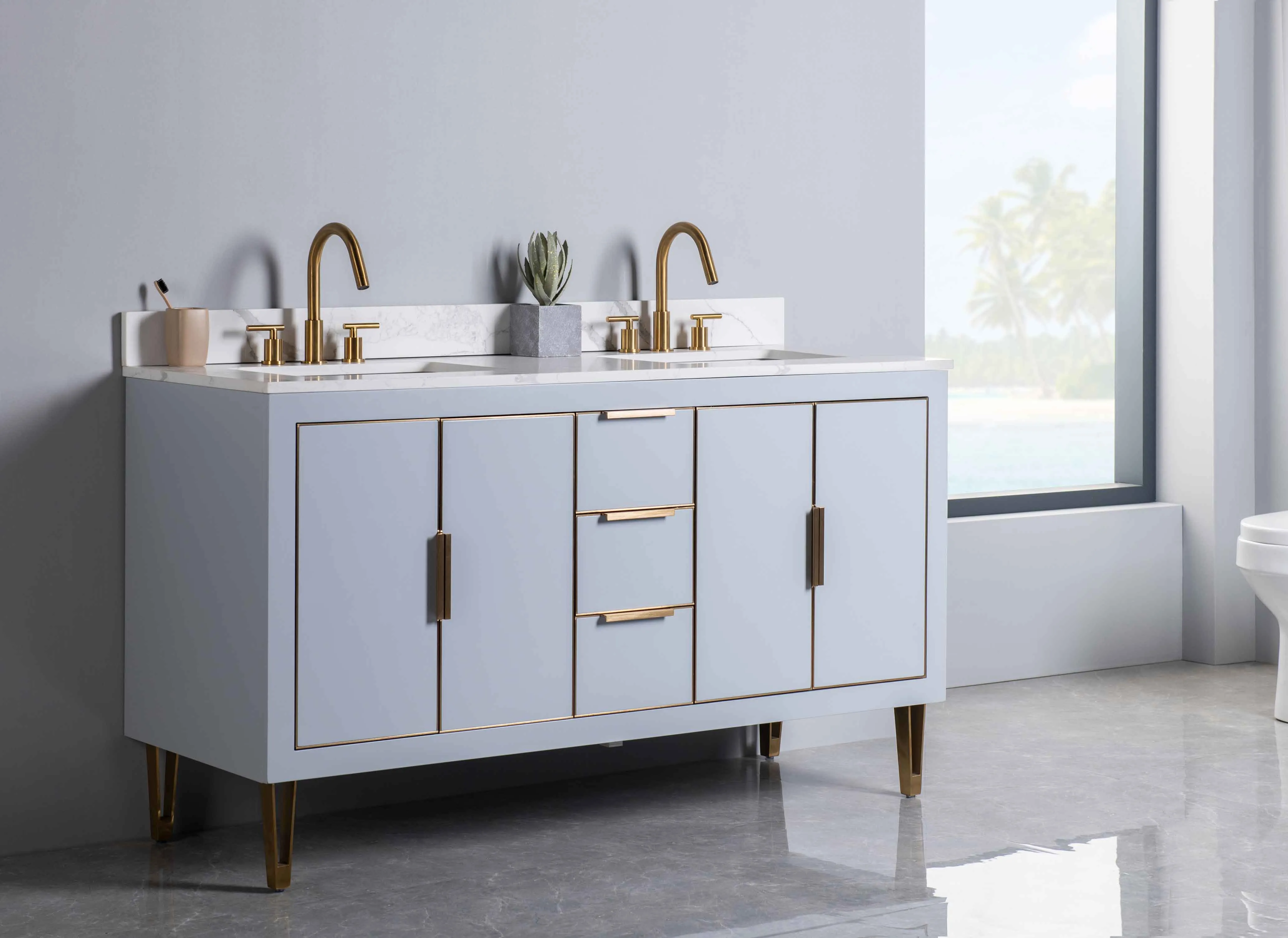 Rubeza 1500mm Dukes Vanity Unit with Calacatta Quartz Top - Light Grey & Gold