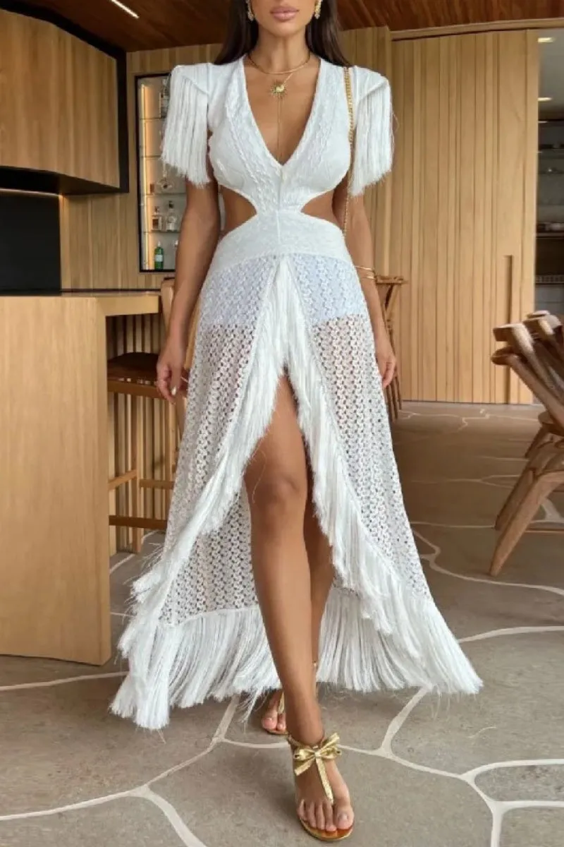 Sexy Vacation Fringed Trim Hollow Out Deep V Neck Long Dresses