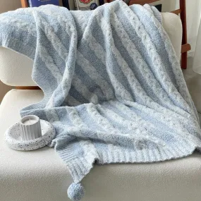 Striped Pom Pom Fluffy Blanket / Blue   White